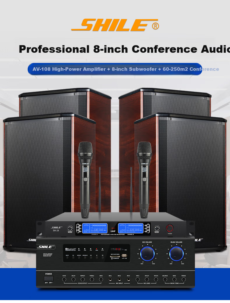 SHILE Professional Small to Medium-Sized Conference Room Audio System Set with Wall-Mounted Speakers, Amplifier, And Microphone Combination Teaching Training Lecture Audio System AV108+108*2 Black+SH10 1