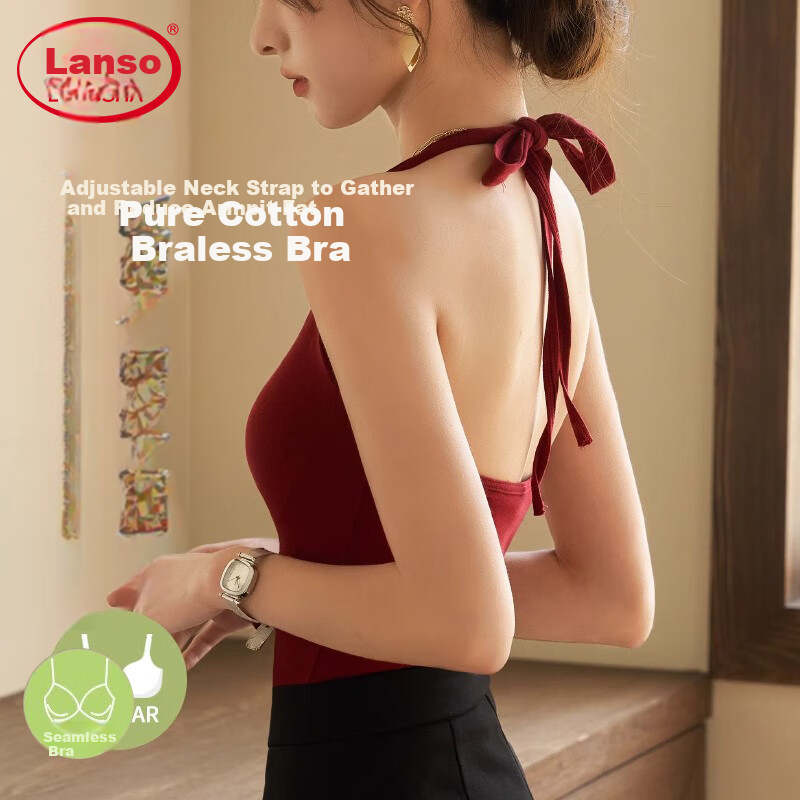 LangSha Halter Neck Camisole for Women, Spring/summer 2026 New Style, Ribbed Inner Strap with Chest Pads, Pure Cotton Beautiful Back Undershirt Top