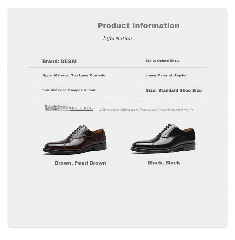 DESAI Three-Prong Men's Shoes, Business Formal Leather Shoes, Oxford Heightening British Wedding Shoes, Black, Size 44 5