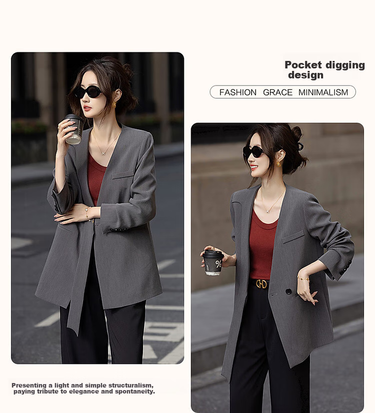 Dme [Jingshuo Tongkun] Spring And Autumn Stylish Lapelless Asymmetric Turn-Down Blazer, Simple Slim-Fit Short Suit Jacket for Wome 6