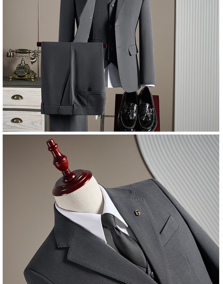 ROMON Men's Slim Fit Wool Suit Set with Blazer, Vest, and Trousers, Black, 3XL 5