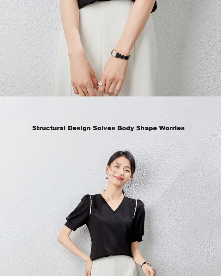 Sentubila Summer Short-Sleeve T-Shirt for Women, Romantic Lace Trim Puff Sleeves V-Neck Slimming Women's Top, Black, S 2