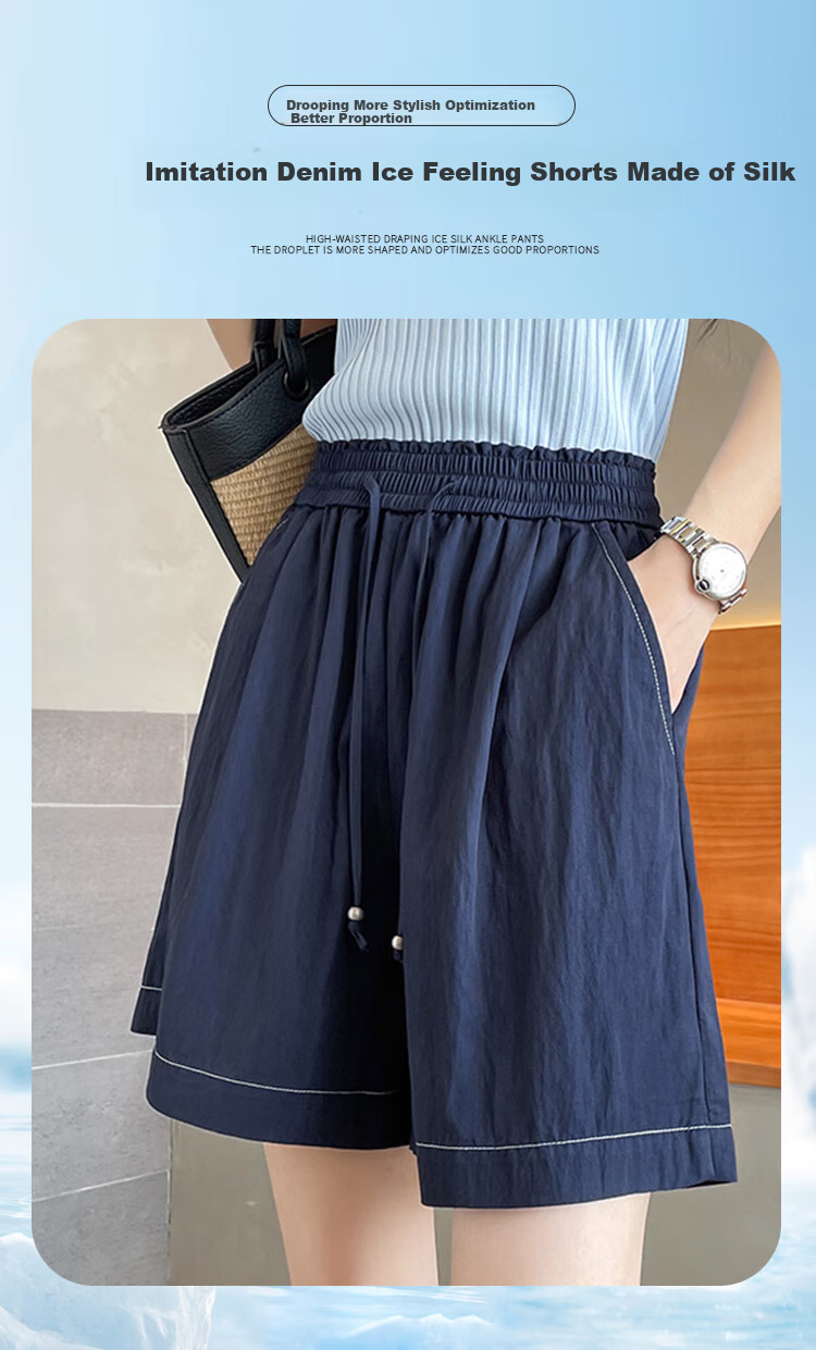 Ziyouxi Ice Silk Denim-Like Shorts for Women, 2026 Summer Thin High-Waist Loose A-Line Five-Point Pants Wide-Leg Mid-Length Shorts 1