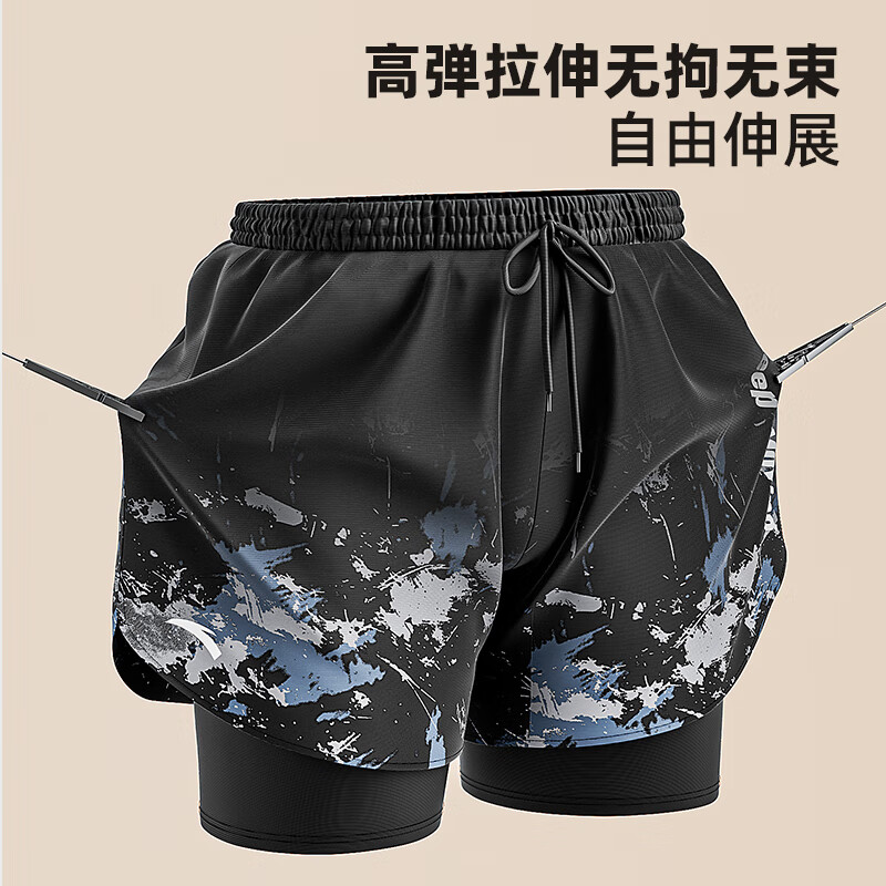 ANTA Men's Swim Shorts, Summer 2025 New Style, Double-Layer Quick-Dry, Casual Beach Shorts for Outdoor Wear, Swimming Trunks, Black And Blue, Size L