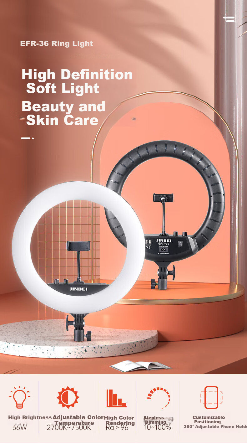 JINBEI EFR-36 Circular Fill Light, LED Mobile Phone Live Streaming Stand Light, Face Light for Streamers, Selfie Photography Beauty Light, Round Cosmetic Tattoo Photography Lighting 1
