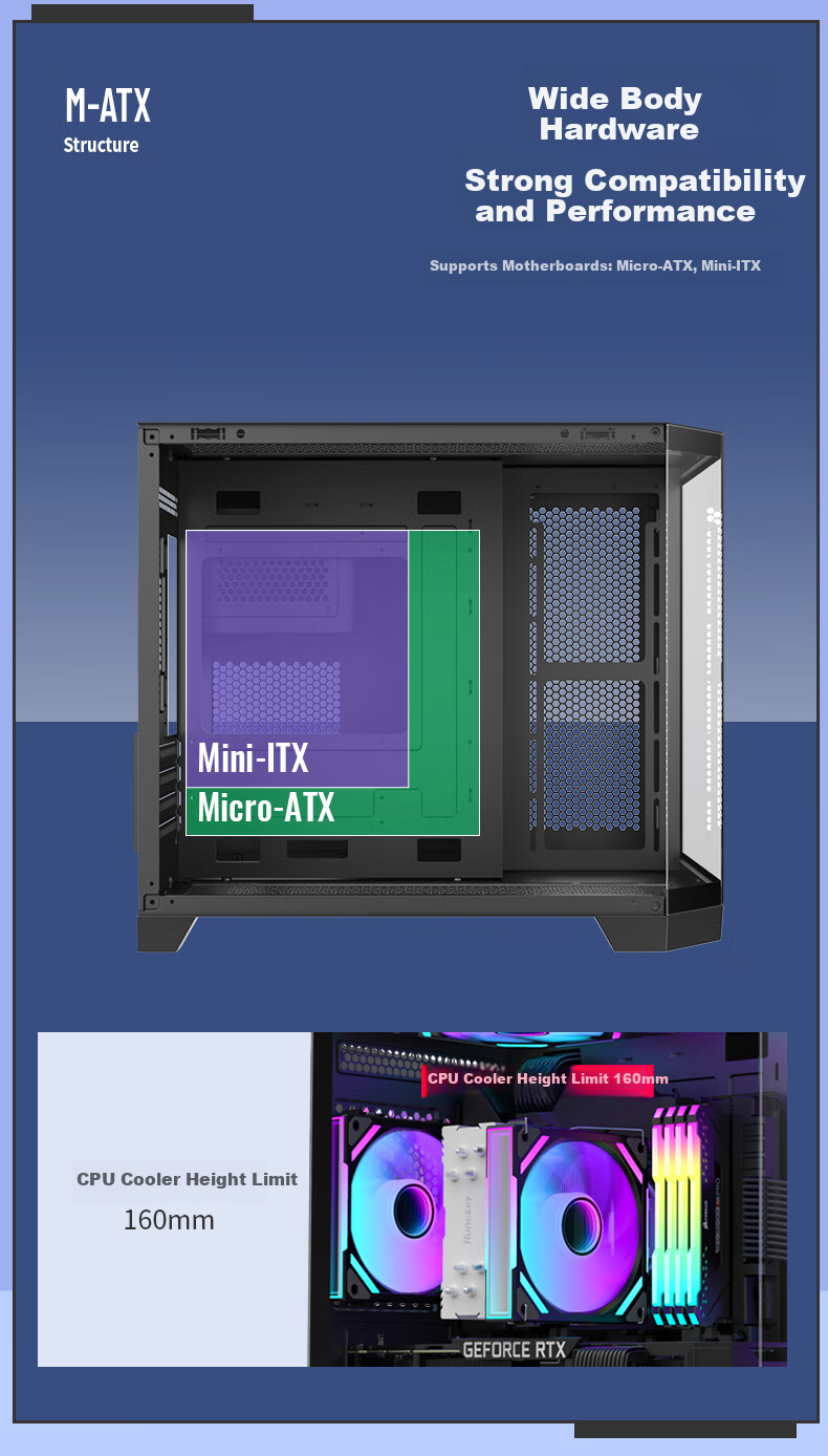 Huntkey S960 Storm X Ice Blade Edition Black Panoramic View Seaside Case (Three-Sided Tempered Glass Panel/Left And Right Zones/360mm Water Cooling/9 Fan Positions/MATX Motherboard) 11