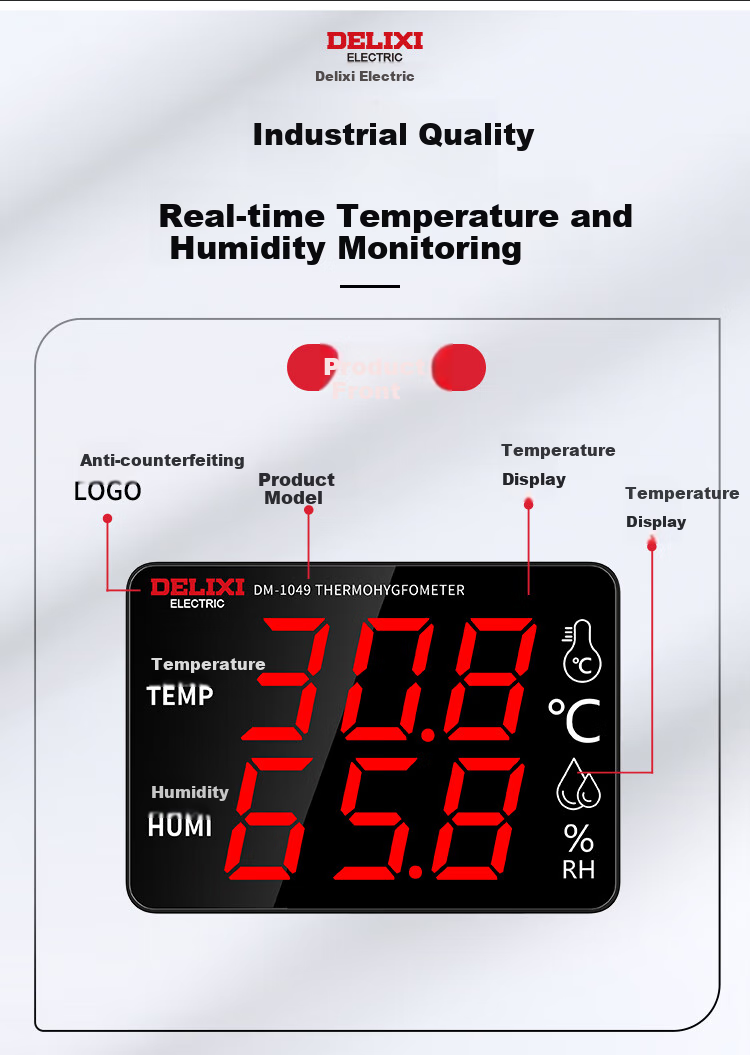 DELIXI ELECTRIC Industrial-Grade Indoor Temperature And Humidity Meter, Large Screen Electronic High-Precision Wall-Mounted Temperature And Humidity Display, Ultra-Temperature Alarm 6