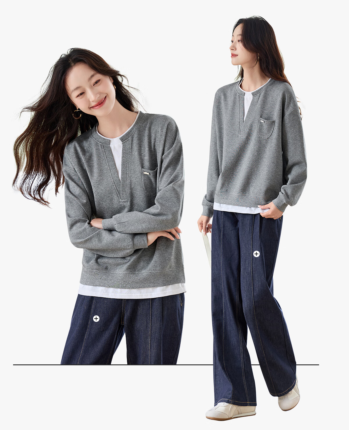 PinCai Women's Casual V-Neck Fake Two-Piece Loose Slim Layered Sweatshirt P53W050 11