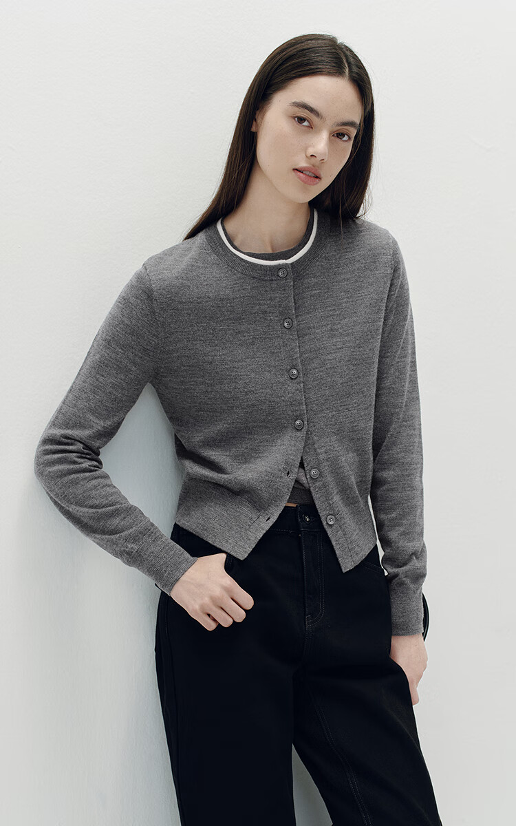 Semir Women's Short Colorblock Knit Cardigan Round Neck Wool Sweater 2025 Autumn 101525106006 2
