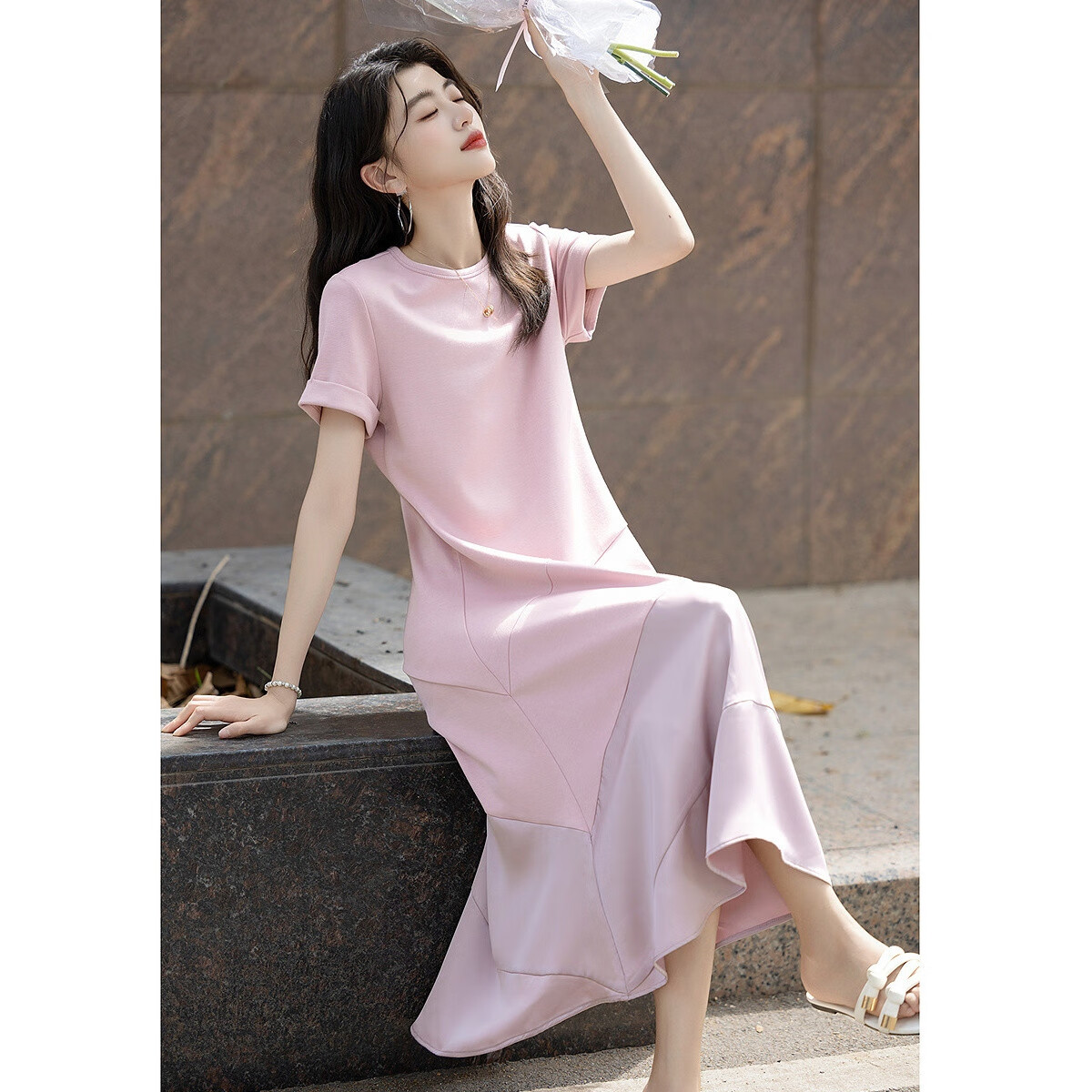 Demana Romantic Summer French Style Round Neck Smooth Satin Spliced Short Sleeve Loose Waist Long Women's Dress