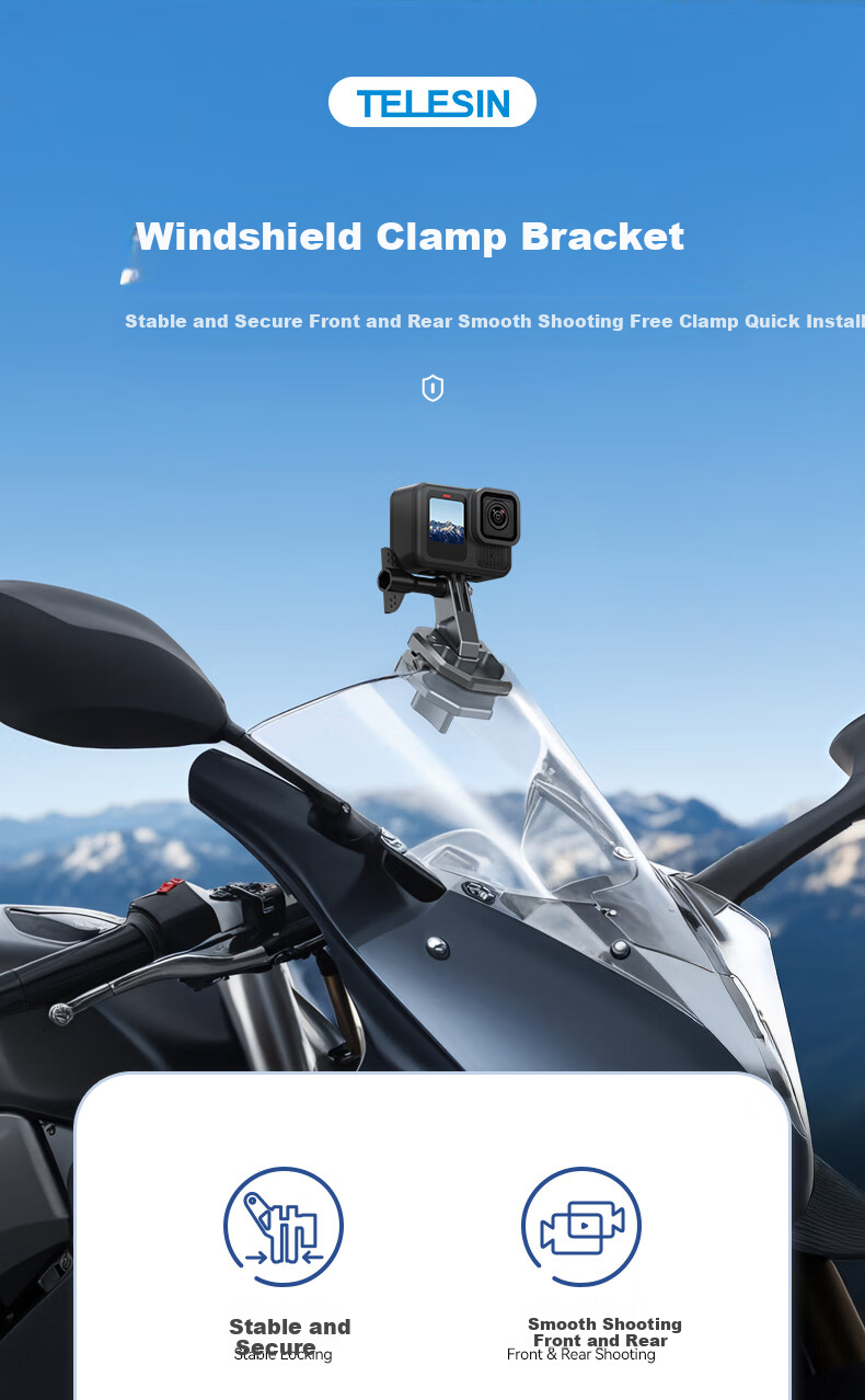 TELESIN Compatible Windshield Mount for DJI Action 6/5 Pro 4 Motorcycle, GoPro 13/12 Cycling Mount, Insta360 Ace Pro 2 Clamp Mount 1