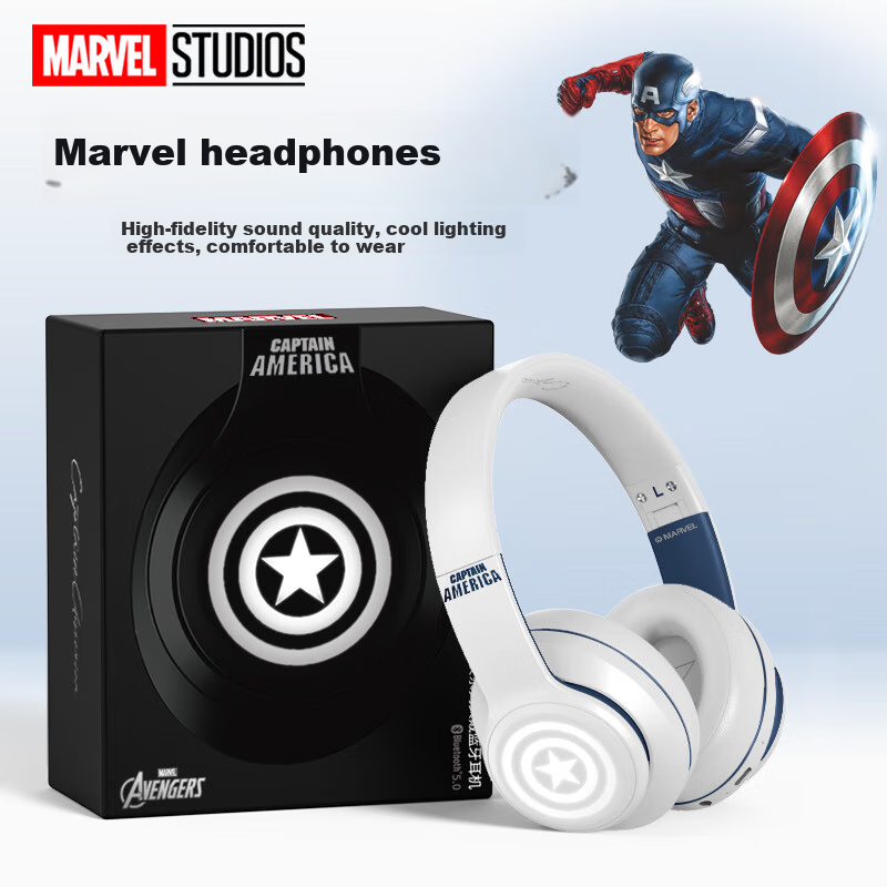 DISNEY Marvel Official Authorized Wireless Bluetooth Headphones, Over-Ear Gaming Music Sports Earphones MR02 Upgraded Version, Captain America Edition, Compatible with Apple, Xiaomi, Huawei