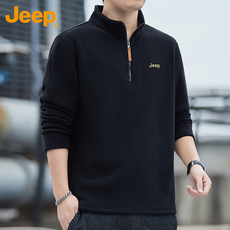 JEEP Men's Sweatshirt, Loose-Fitting Long-Sleeve T-Shirt for Autumn And Winter, Fleece-Lined Thick Warm Clothing for Men, Black, Size M