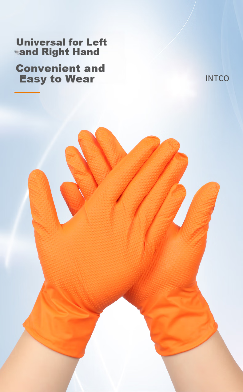 INTCO Diamond Pattern Nitrile Gloves, Extra Thick Durable Work Gloves, Orange, 30 Pieces/box, Size L 9
