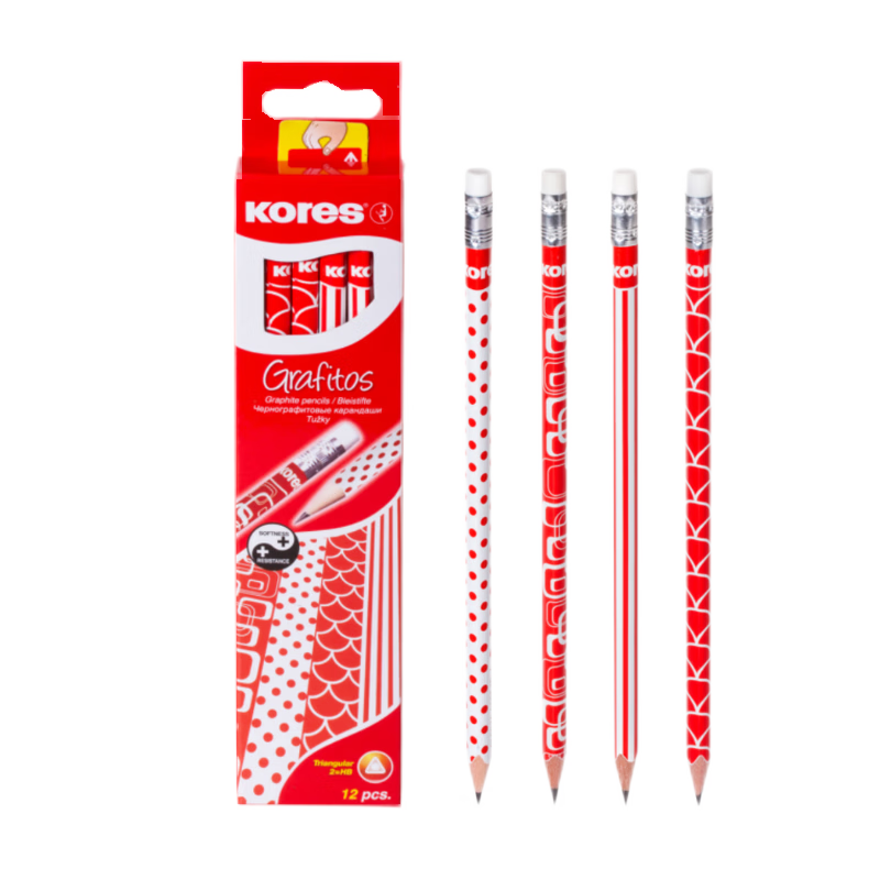 KORES Europe Kores HB Non-Toxic Pencil for Primary School Grade 1, Fashion Cartoon Writing and Sketching Graphite Pencils, Red and White Series, 12-Pack