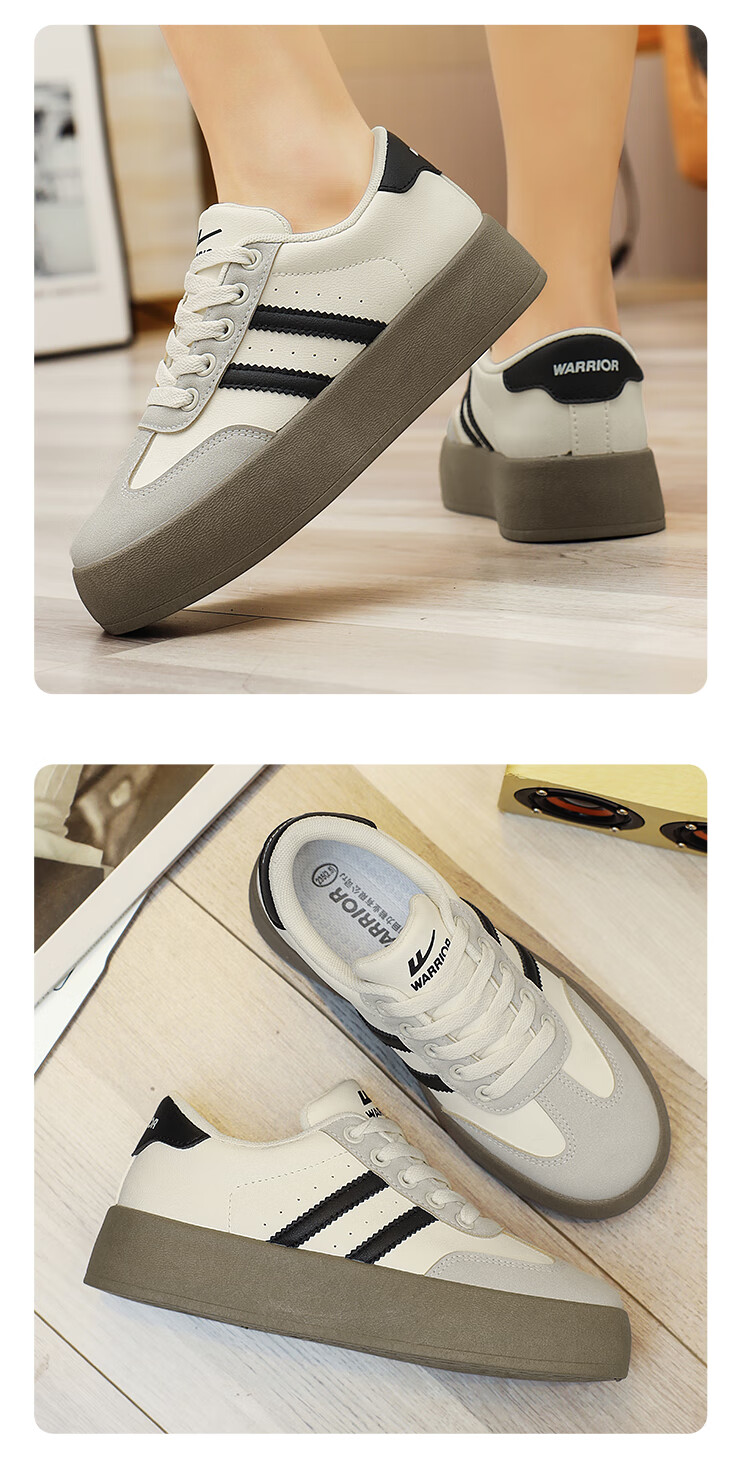 Warrior Women's Thick Sole Retro Leather Casual Sneakers Black White Size 37 17