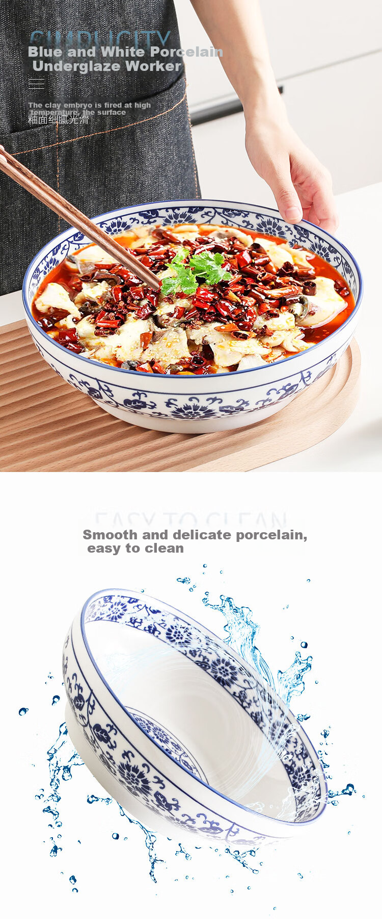 Chuanqi Blue And White Porcelain Large Bowl, 10-Inch Ceramic Bowl for Home Use, Sauerkraut Fish Noodle Bowl, Noodle Mixing Bowl, Ceramic Bowl 3