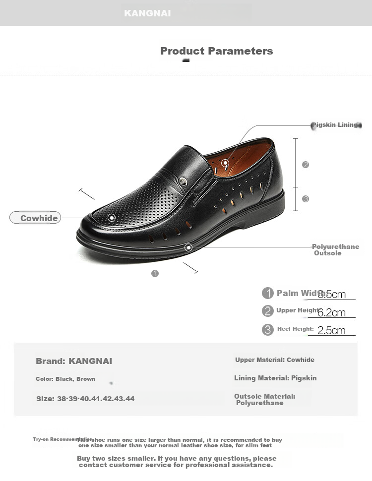 Kangnai Leather Shoes, Perforated Shoes for Men, Summer Sandals, Comfortable Casual Business Formal Dress Shoes, Hollow-Out Shoes, Glossy Breathable Men's Shoes, Black, Size 43 9