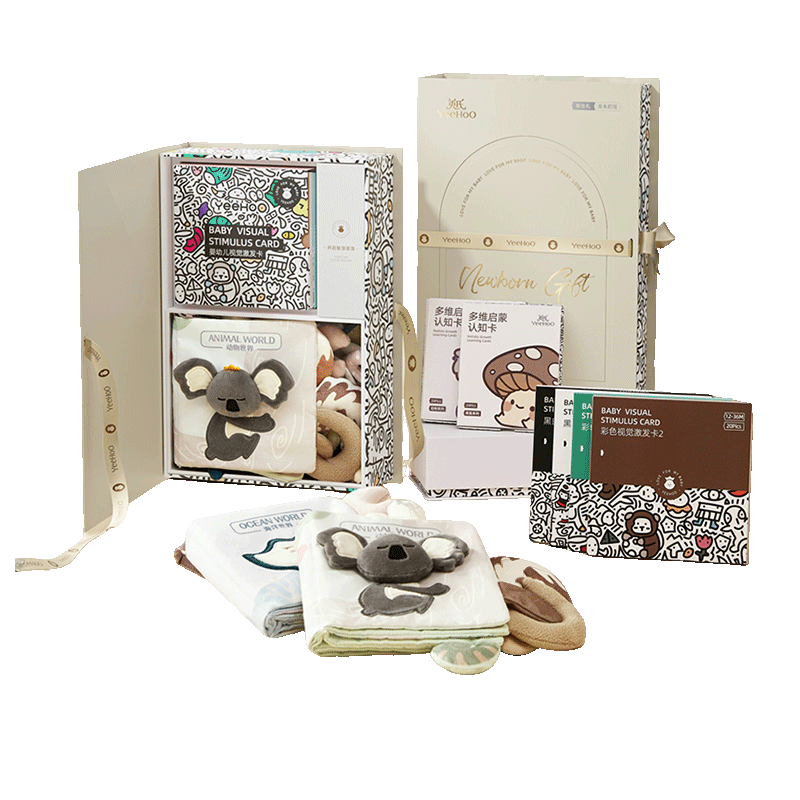 YEEHOO Baby First Meeting Tail Cloth Book Gift Box Early Education Cognitive Toy Newborn Black and White Card Full Moon Gift