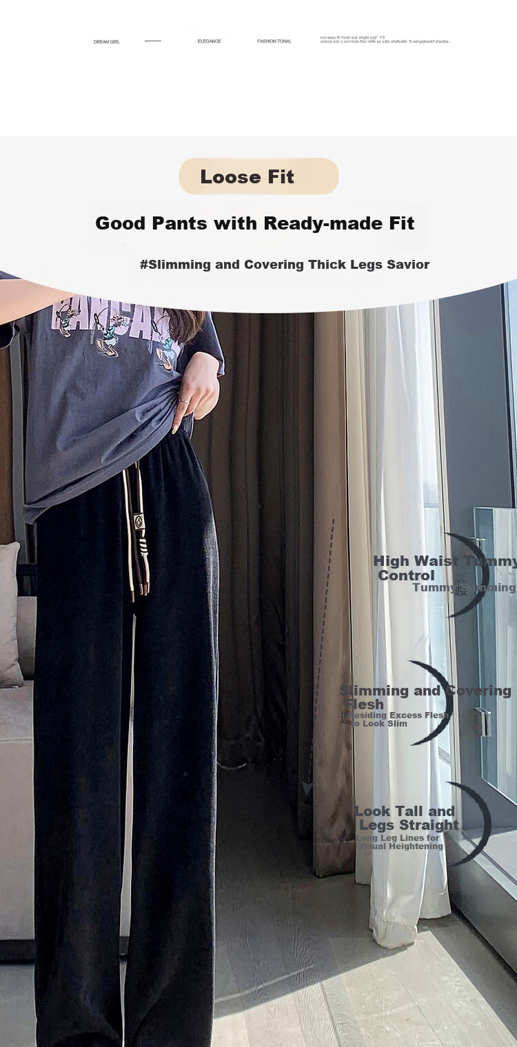Dme [Cotton Velvet Wide-Leg Casual Pants], Autumn Mid-Rise Elastic Waist Trousers, Loose Women's Pants, Black, M 3