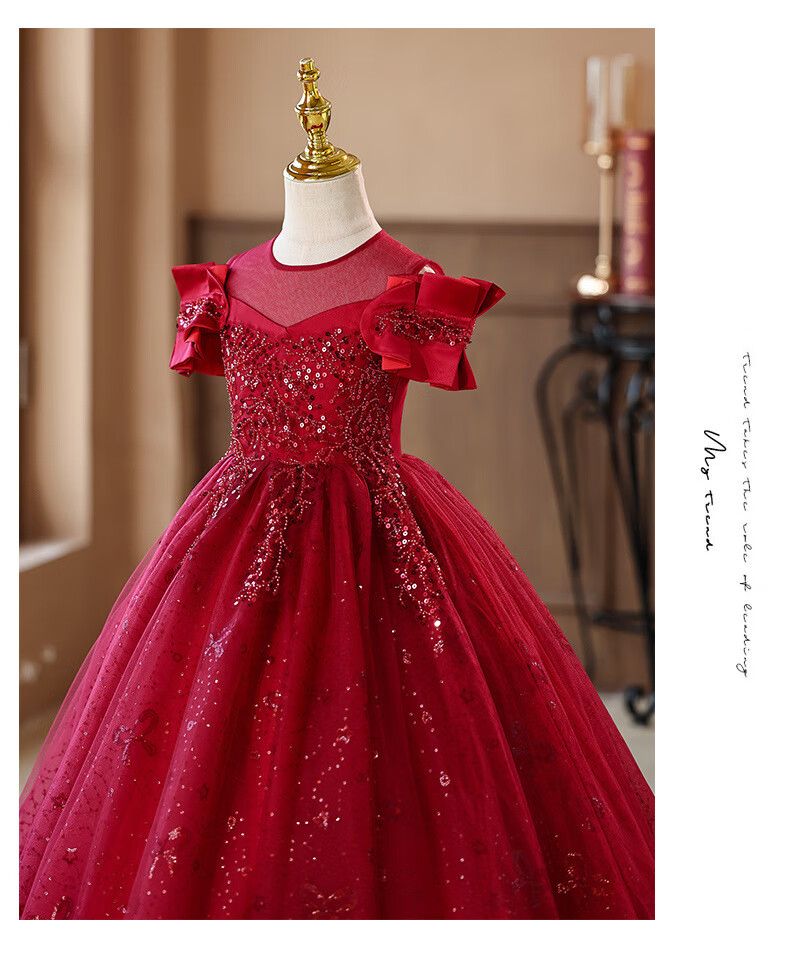 LUOBOBEIBEI Princess Dress Girls Puffy Tulle Dress Children's Formal Wedding Dress Little Girl Piano Performance Dress Red 120 3