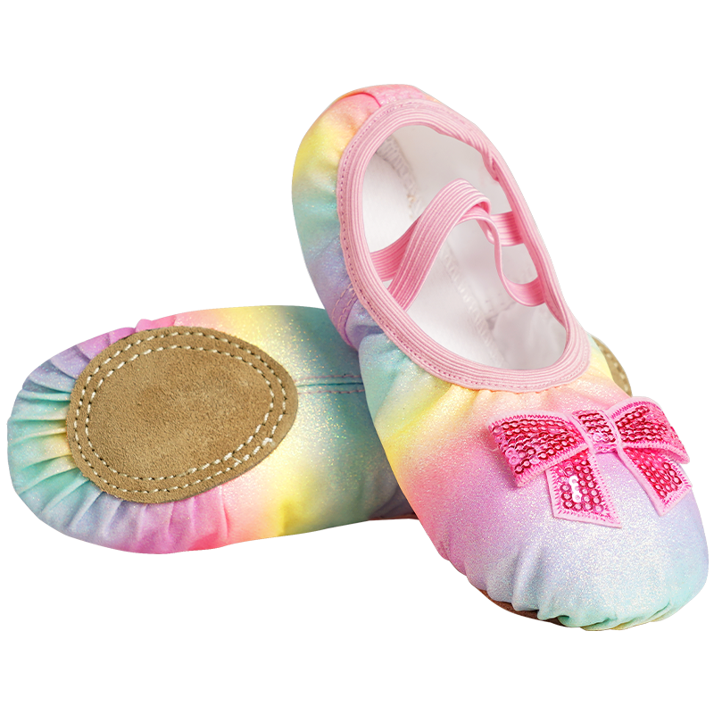 Aiwuge Children's Dance Shoes with Sequins, Rainbow Gradient, Girls' Satin Ballet Flats, Princess Style Soft-Soled Shoes, Size 27