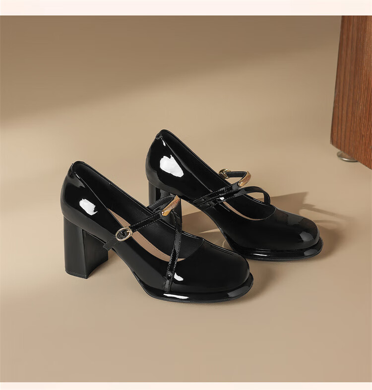 Daphne Women's Chunky Heel Mary Jane Shoes Autumn Patent Leather High Heels Low-Cut Single Shoes 4025404014 Black Size 36 12