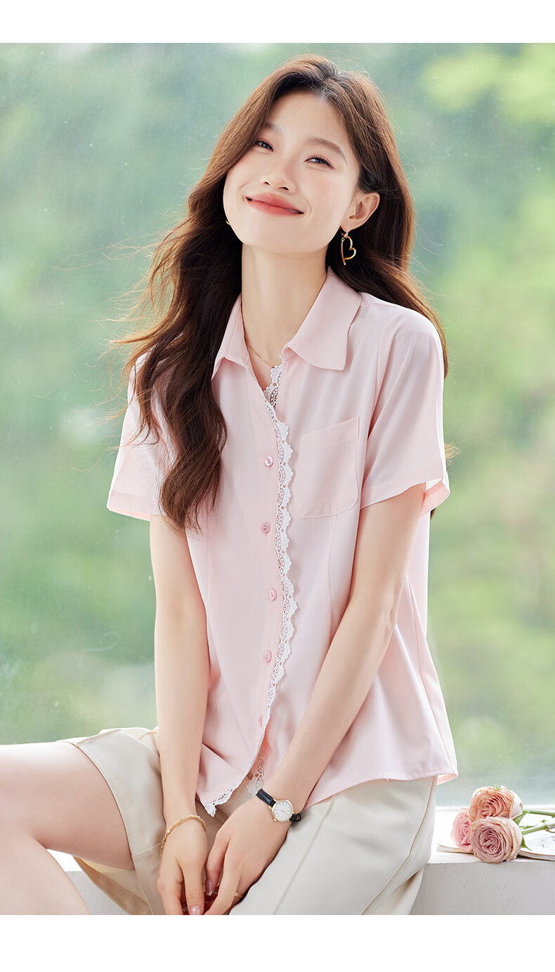 Jeanswest Women's Short Sleeve Shirt 2026 Summer Korean Style Lace Trim Lapel Waist Slimming High-End Pink M 13