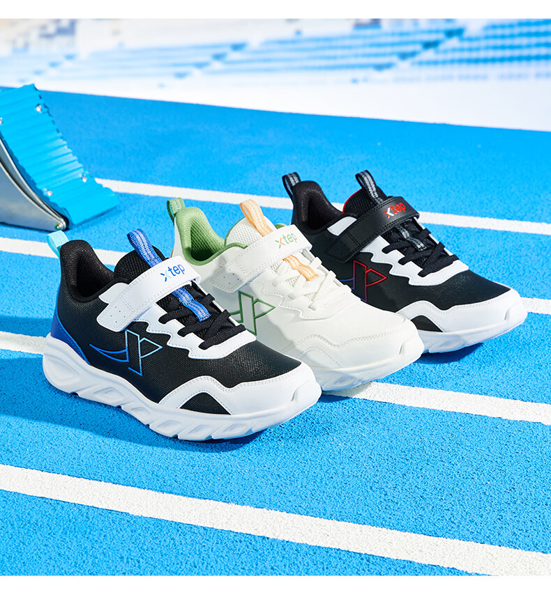 XTEP Kids Boys Sports Shoes Leather Soft Sole Velcro Running Shoes Black/White/Blue Size 39 3