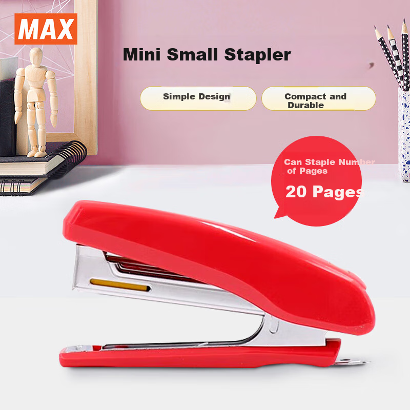 MAX Meikesi HD-10NX Mini Stapler, Student Office Stapler for Binding 2-20 Pages with Staple Remover, Compatible with No.10 Staples, Red