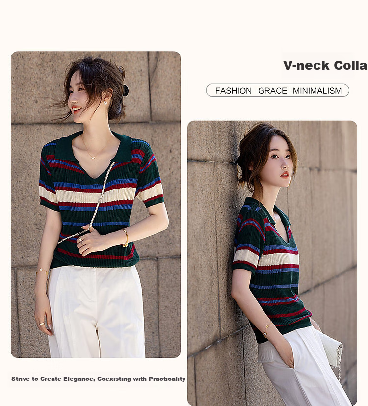 Dme [Tangguo Duoban] Summer Youthful Cool Ice Silk Contrasting Striped V-Neck Sweater Women's Top 4