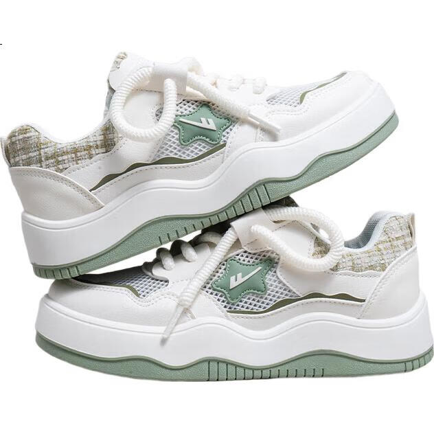 Warrior Women's Thick-Soled Sneakers, White Trendy Versatile Sports Shoes 3292Z Beige/green [Mesh Style] Size 40