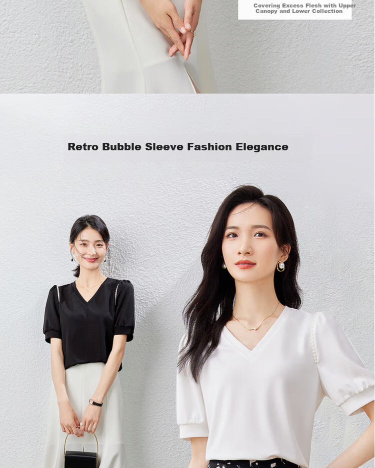 Sentubila Summer Short-Sleeve T-Shirt for Women, Romantic Lace Trim Puff Sleeves V-Neck Slimming Women's Top, Black, S 5