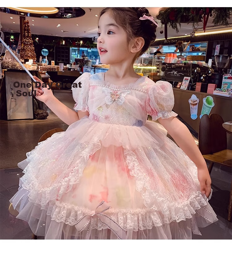 Anneyol Girls' Princess Dress Summer Outfit Stylish Children's Lolita Tulle Dress with Puff Sleeves, Pink, Size 160 11