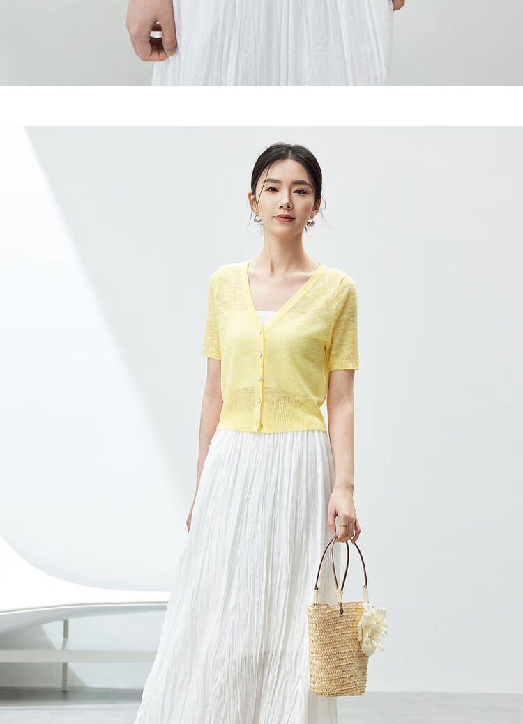 Sentubila Lazy Atmosphere Milk Huhu Refreshing Knit Top for Women, Summer V-Neck Short-Sleeve Cardigan, White, L 14
