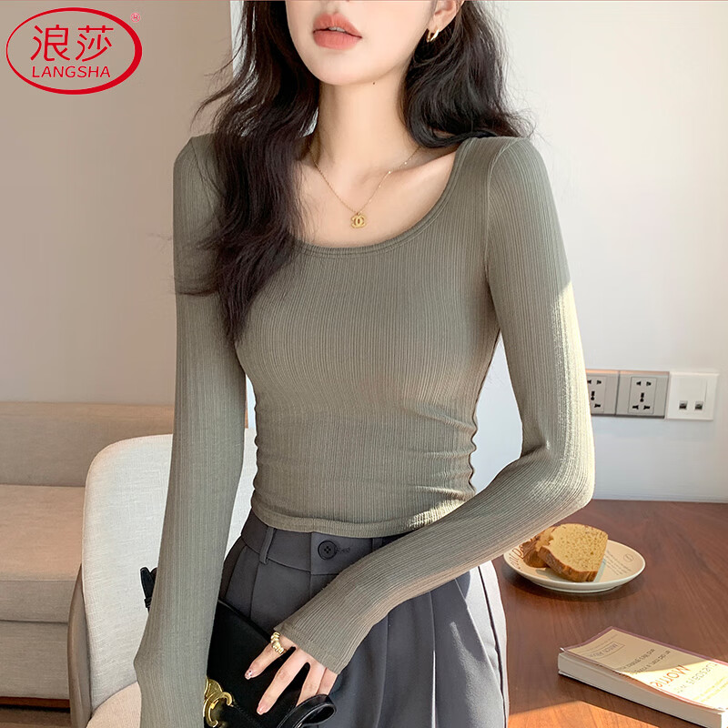 LangSha Women's Slim Fit U-Neck Long Sleeve T-Shirt Autumn 2025 New Stylish Basic Top