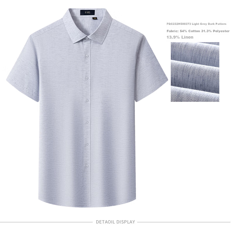 FIRS Linen Blend Short-Sleeve Shirt for Men, Summer Casual Business Lightweight Cool Cotton-Linen Blouse, Light Gray, Size 43 7