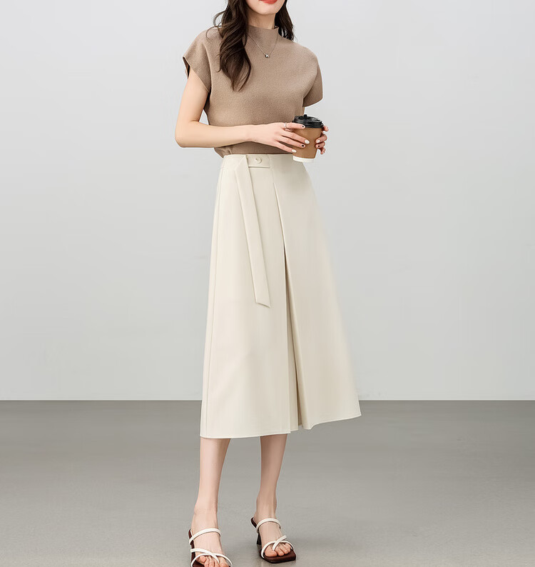 Sentubila Urban Commuter Skirt for Women, Summer Fashion A-Line High-Waisted Slimming Skirt, Apricot Color, XL Size 14