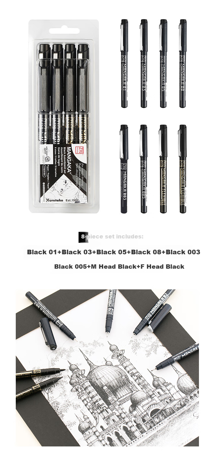 KURETAKE Imported Waterproof Alcohol-Resistant Fine Line Pen, Signature Pen, Drawing Pen, Ink Pen, Comic Design Art Exam Pen, Black 02 Needle Tip Pen CNM-02 9