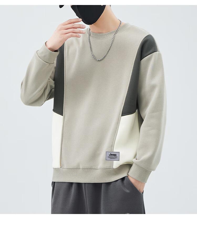JEEP Men's Sweatshirt, Color Block Design, Heavyweight, Spring And Autumn Long-Sleeve T-Shirt, Loose-Fitting Trendy Base Layer Top, Men's Clothing, Black, 2XL 12