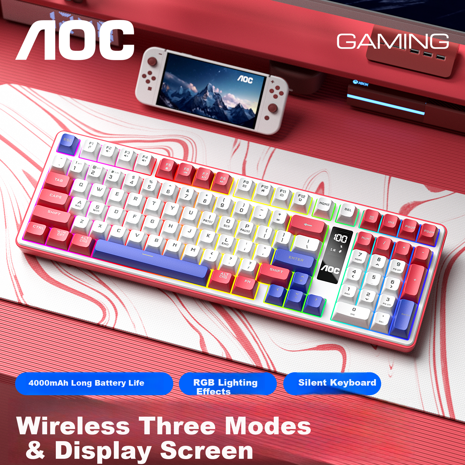 AOC GK320 Wireless Bluetooth Wired Tri-Mode Keyboard, Display Mechanical Feel RGB, Quiet Keyboard for Mac Computers And E-Sports Gaming, White with Red And Blue Lighting