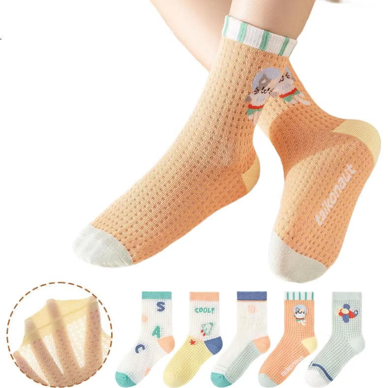 MiiOW Children's Socks, Summer Girls' Thin Breathable Mesh Cotton Socks, Cartoon Mid-Calf Socks for Older Children, Student Socks, 5 Pairs Per Pack