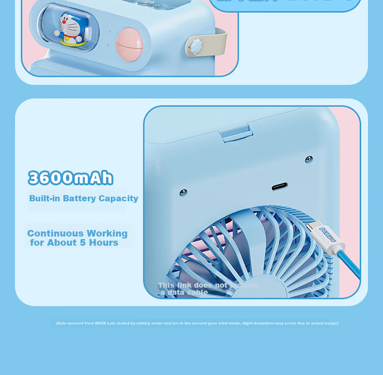 ROCK Doraemon Handheld Fan Digital Display Turbo Strong Wind Portable Silent Mini USB Fan Long Battery Life Cute Cooling Blue 7