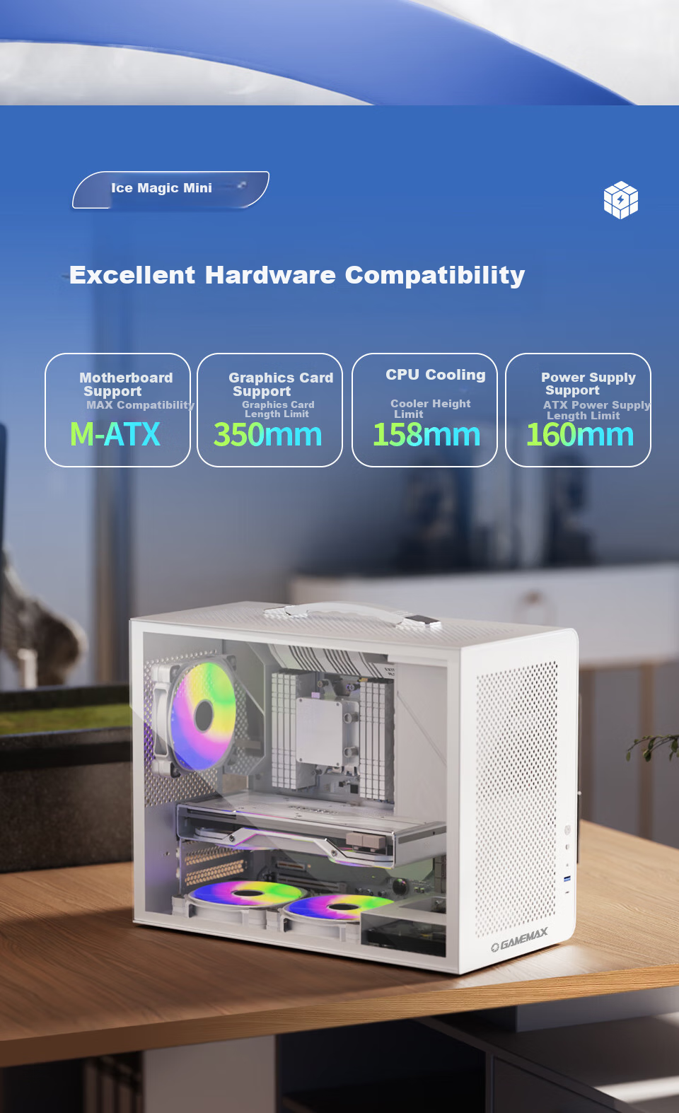 GAMEMAX Ice Cube Mini Desktop Computer Case, Supports MATX with Handle And Mesh Ventilation, Mini Chassis / Pure White 2