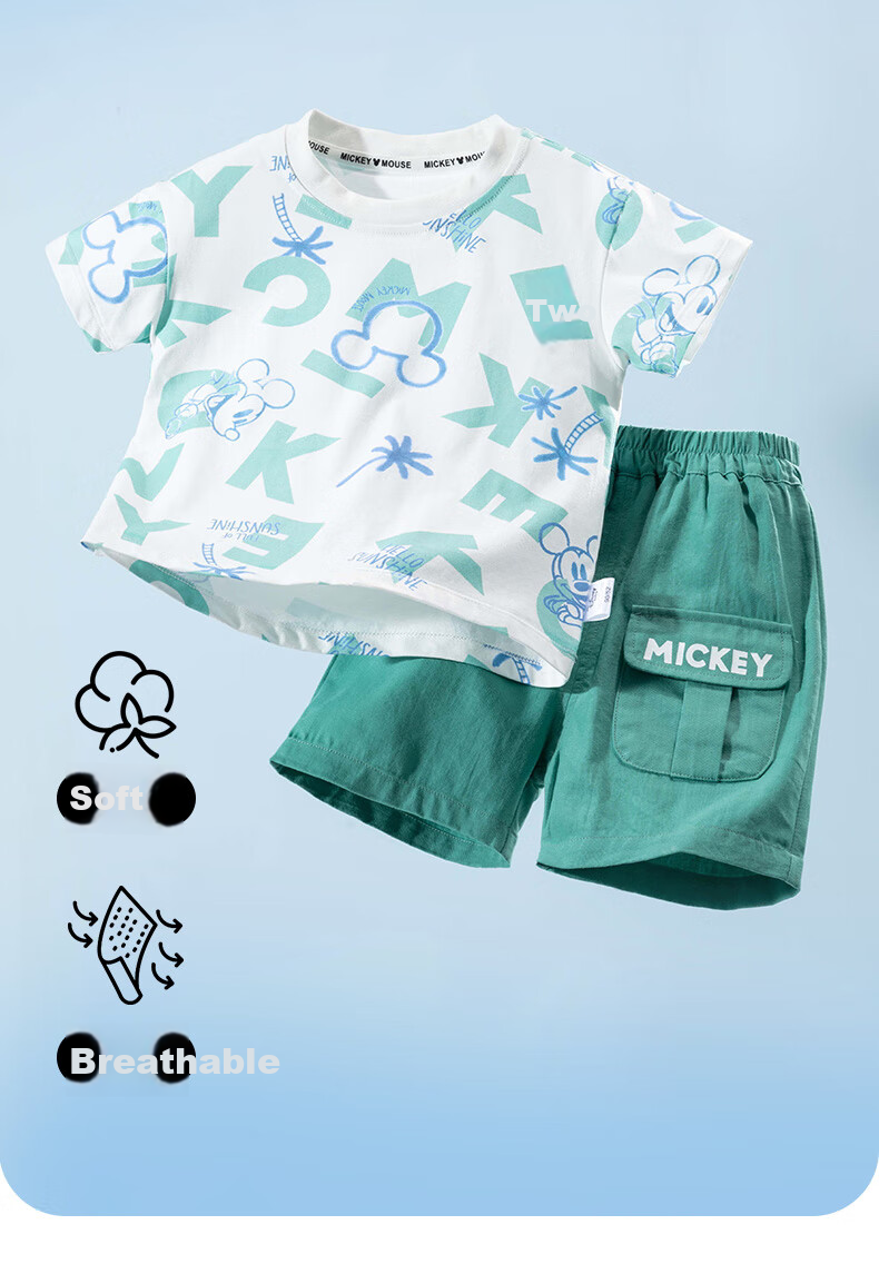 Disney Boys' Short Sleeve and Shorts Set Mickey Cartoon Casual Fashion Comfortable Breathable Summer New Blue Stripes Size 90 2