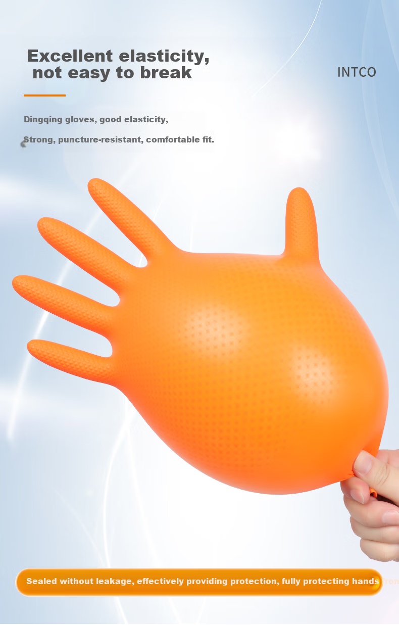 INTCO Diamond Pattern Nitrile Gloves, Extra Thick Durable Work Gloves, Orange, 30 Pieces/box, Size L 7