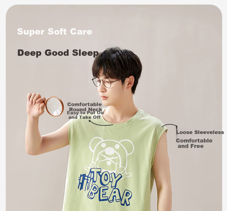 MiiOW [Anti-Mite Antibacterial Pure Cotton] Men's Pajamas, Stylish Pullover T-Shirt Loungewear Set, Green, XL 1