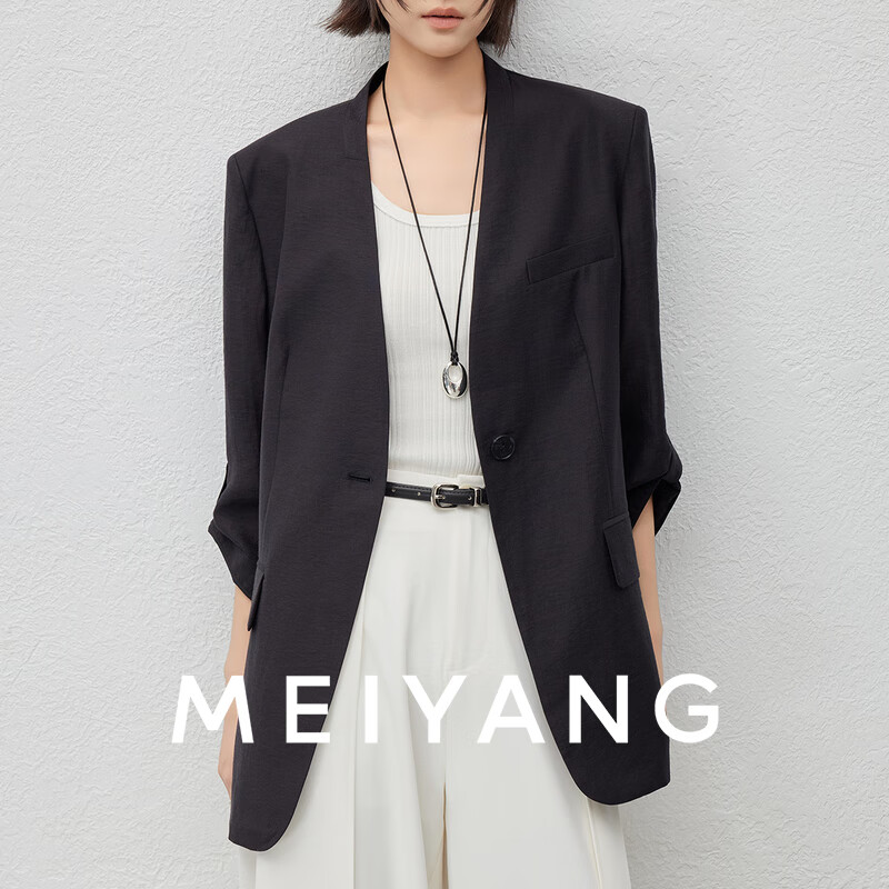 MEIYANG Cang'er Suit, Tencel Acetate_ Collarless Commuter Blazer Jacket, Black, S