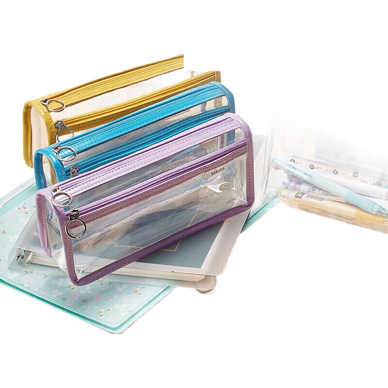 Пенал SAKURA Transparent Exam Pencil Case, фиолетовый, с двойной молнией, для учеников