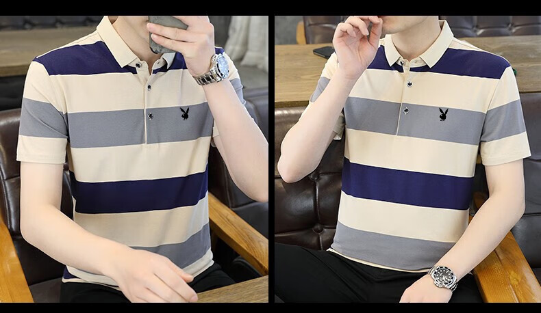 PLAYBOY Men's Short Sleeve T-Shirt Summer Casual Polo Shirt Comfortable Breathable Half Sleeve Plaid Polo Shirt Green 2XL 5